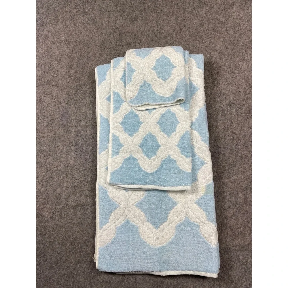 Vintage Martex Blue White Trellis Towel Set 3pc MCM Cotton Made in USA 6638